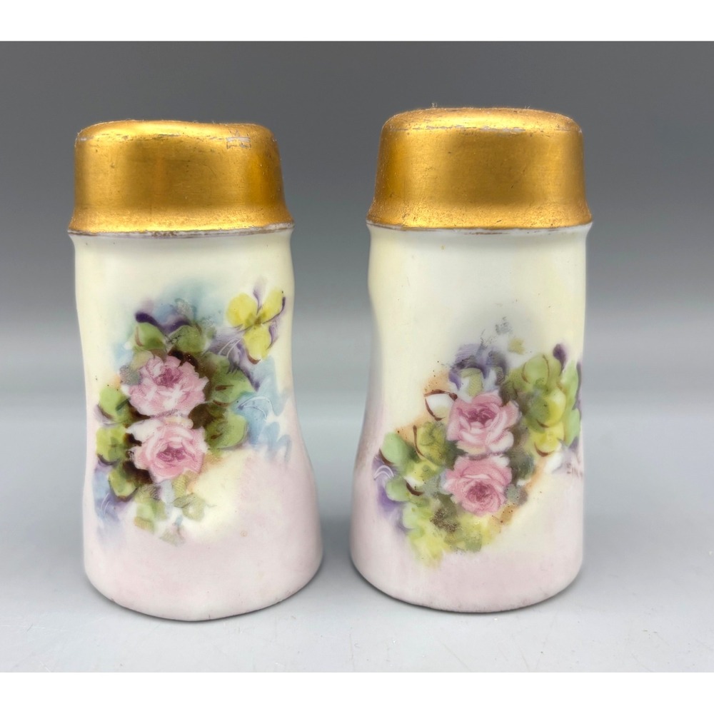 Vintage Favorite Bavaria Floral Rose Salt and Pepper Shakers Gold‎ Top Porcelain